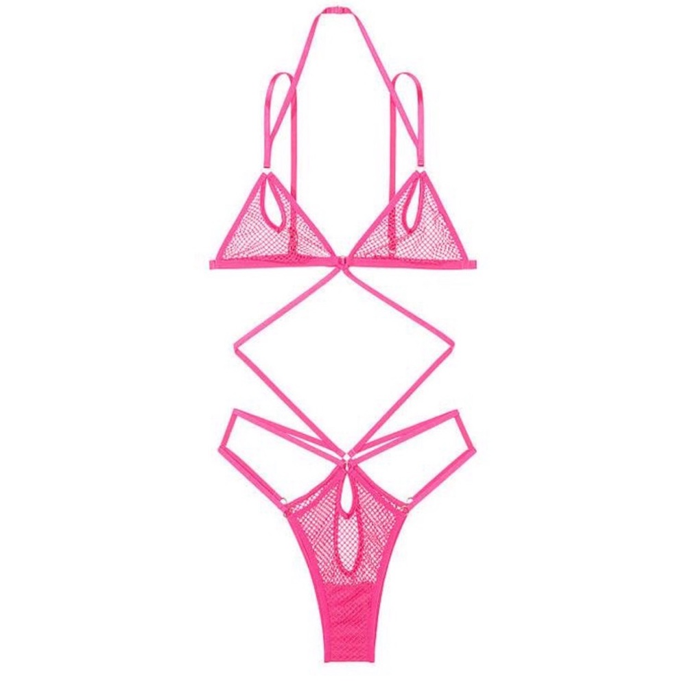 Victorias Secret Very Sexy fishnet Mesh Unlined Strappy Teddy  NWT neon hot Pink
